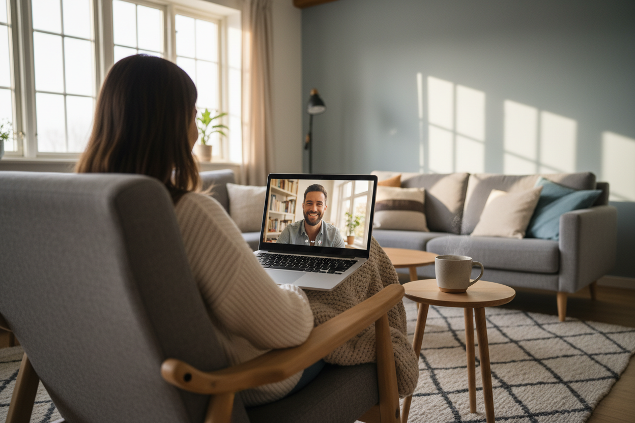 Man ser henne bakifrån så att man kan se hennes datorskärm med det pågående mötet